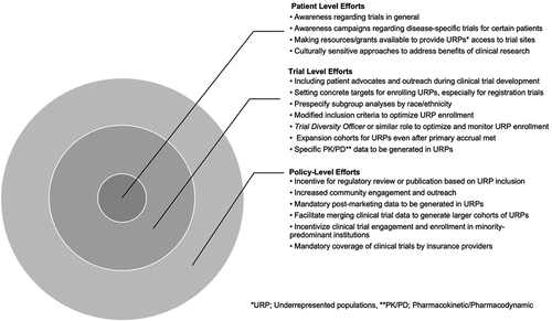 Figure 1. Examples of patient-, trial- and policy-level potential and ongoing efforts to increase accrual of underrepresented racial-ethnic populations in clinical trials.