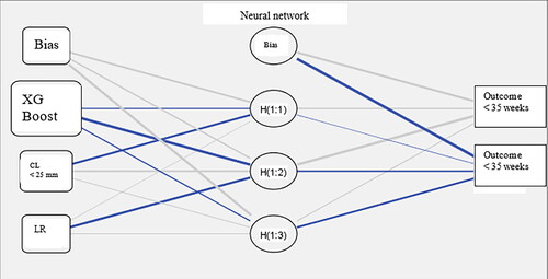 Figure 7. The Schematic representation of neural network with different models compound SBELM (left column) with hidden layers (Middle column) and output layers (right column). the thickness of the lines represents the importance of each algorithm in the respective hidden layer and the output layer.