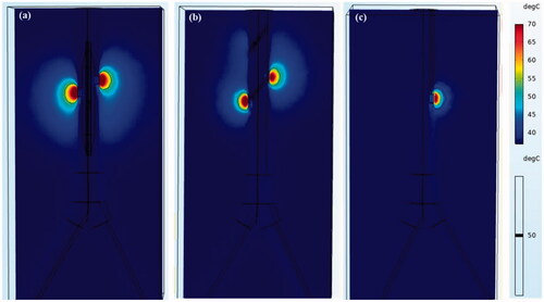 Figure 9. Temperature distribution in tissue using different RF applicators. (a) The balloon-based system, (b) spiral system, (c) monopolar system.