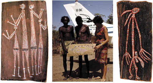 Fig. 8. Left, bark painting made by Djimongurr c. 1963 at Manlarrh. Photograph by Goldhahn, 2018; Middle, Djimongurr (left) and Nayombolmi (right) at the airstrip at Muriella Park in September 1963 with a jointly made bark painting collected by Valerie Lhuedé depicting a barramundi fish. The lady in this picture is Dorothy Bennett. Photograph from Lhuedé (Citation2012), published with her kind permission. Right, Namorrodoo spirit painted by Nayombolmi c. 1958 (after Bennett Citation1969).