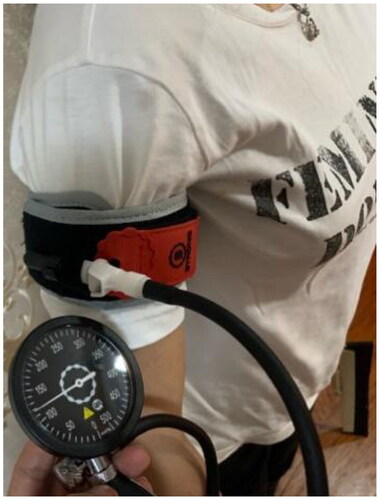 Figure 5. Pressure setting in the blood flow restriction group. The pressure was set at 120 mmHg.