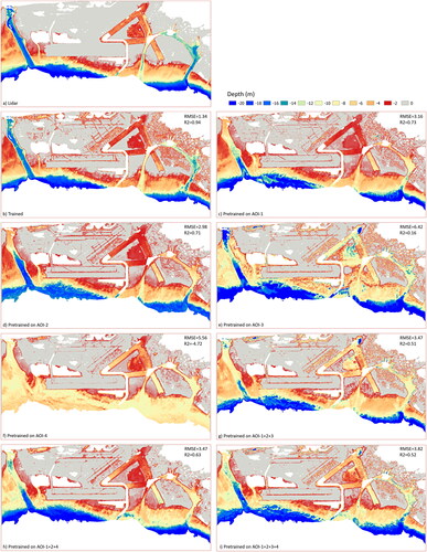 Figure 14. LiDAR bathymetric depths (a) and SDB results in AOI-6 using different CNN models: trained (b); pre-trained on AOI-1 (c); pre-trained on AOI-2 (d); pre-trained on AOI-3 (e); pre-trained on AOI-4 (f); pre-trained on the combined AOI-1, AOI-2, and AOI-4 (g); pre-trained on the combined AOI-1, AOI-2, and AOI-4 (h); pre-trained on the combined AOI-1, AOI-2, AOI-3, and AOI-4 (i).