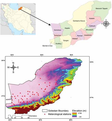 Figure 1. The location of the Golestan Province and its counties in Iran (reference:www.iranmap.com) and location of meteorological stations in Golestan Province.