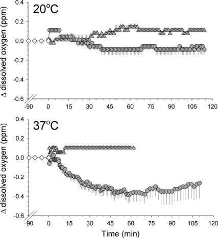 Figure 6 Upper panel: Change in content of physically dissolved oxygen in 250 ml of distilled water at 20°C (upper panel) or 37°C, versus time, when injected with 5 ml of a 2% DDFP-emulsion at time 0 (circles; all data points are mean values + or − SE; n = 3) or 5 ml of preparation vehicle (triangles; n = 3); before time 0 water only (diamonds; n = 3). For further details see text.
