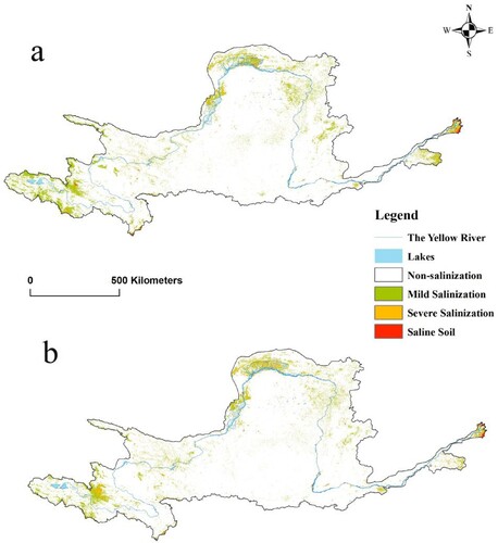 Figure 5. (a) Yellow River Basin salinization distribution map in 2015; (b) Yellow River Basin salinization distribution map in 2020.