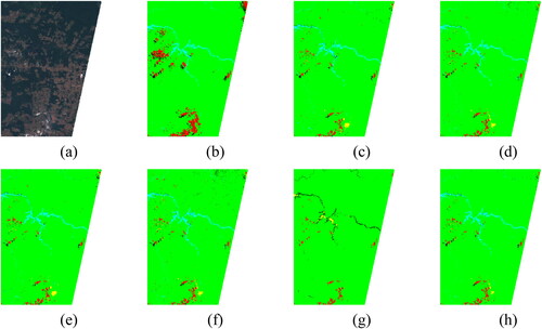Figure 6. Alta Floresta (Brazil) (a) True Color image, (b) Manual reference mask, generated cloud mask by: (c) RF with traditional texture features (d) RF with deep features (e) XGBoost with traditional texture features (f) XGBoost with deep features, (g) SVM with traditional texture features, and (h) SVM with deep features.