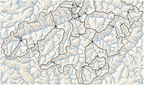 Figure 2. Section of a hydrometric network composed of hydrometric stations [points] and their catchments [dark grey outlines], flow direction roughly south to north. (Data sources: stations and catchments (Schwanbeck et al., Citation2018), relief: Swisstopo).