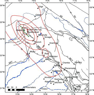 Figure 3(c). Isoseismal map of 8 October 2005 Muzaffarabad earthquake, Mw 7.6 (after Pande et al. Citation2006). Green line indicates surface rupture.