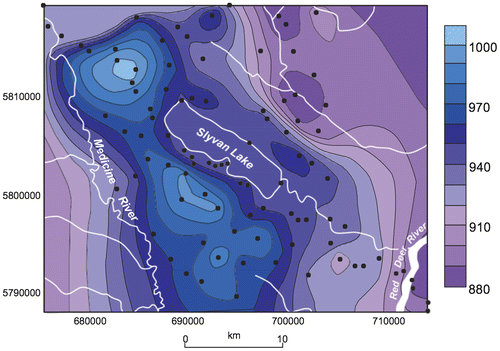 Figure 3. Potentiometric surface map (in metres above sea level) in the region as interpolated from original non-pumping water levels from Alberta water well drilling records. Black dots represent data control points.