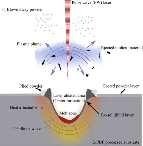 Figure 11. The mechanism of material removal by nanosecond pulsed wave laser involved in dL-PBF. The schematic is not to the scale and it is modified from Fernandez et al. [Citation94] and Cha et al. [Citation95].