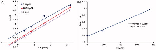 Figure 4. Kinetics of α-glucosidase inhibition by 5. Lineweaver-Burk plot of 5 against α-glucosidase (A). Secondary plot of y intercept vs. inhibitor for determination of inhibition constant (B).