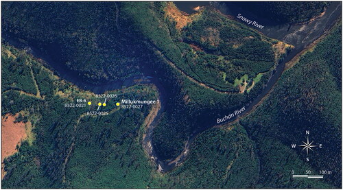 Figure 3. Aerial view of the four rock shelters at the base of the limestone escarpment at Millukmungee, with their VAHR site numbers.