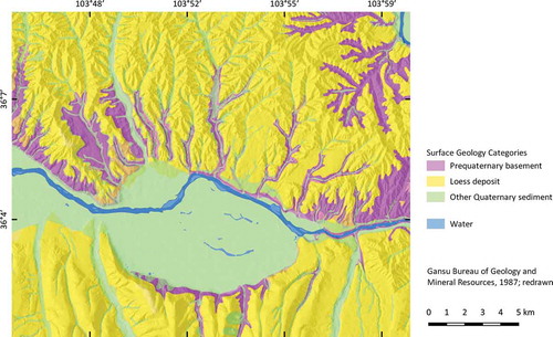 Figure 1. Project area depicting the generalized lithostratigraphic settings based on Geological Map (Gansu Bureau of Geology and Mineral Resources (GBGMR), Citation1987) with underlying shaded relief produced in 2012.