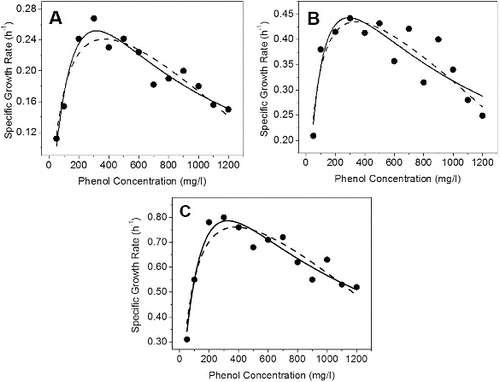 Figure 1. Growth kinetics of (A) IES-Ps-1, (B) IES-S and (C) IES-B in nutrient broth under shake flask conditions supplemented with phenol. Experimental data points are shown with dots. Haldane–Andrew regression curves are mentioned with regular lines and Luong–Levenspiel regression curves are indicated with dashed line.