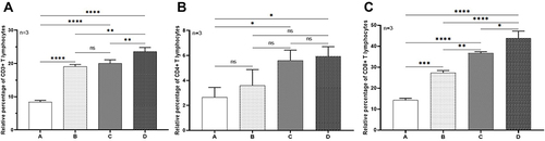 Figure 7 Relative percentage of T lymphocytes subsets in heart tissue in the four groups of mice (n = 3). (A) Relative percentage of CD3+ lymphocytes; (B) Relative percentage of CD4+ lymphocytes; (C) Relative percentage of CD8+ T lymphocytes. (A) Control; (B) PD-1 inhibitors; (C) Irradiation; (D) PD-1 inhibitors + irradiation. nsP>0.05, *P<0.05, **P<0.01, ***P<0.001, ****P<0.0001.