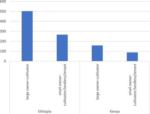 Figure 4. Average income sent by migrants in last year by land ownership status * in Kenya and Ethiopia (US$).Note: * Large owner-cultivators have >0.5ha of land, small owner-cultivators have <0.5ha of land.
