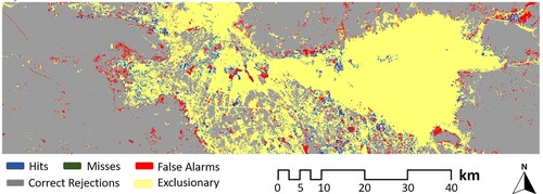 Figure 9. The error map for 2008–2018, produced by comparison between the real change map and the predicted change map.