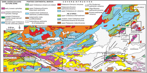 Figure 3. Outline tectonic map of the İzmir–Ankara–Erzincan suture zone and its eastward extension (Erzurum–Kars suture zone), cover units, together with the Eurasian continental margin and the Tauride continental margin to the south. Areas studied here are shown by the boxes and lines of section. Simplified from the 1:500,000 Geological Map of Turkey (MTA, Citation2002).