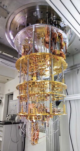 FIGURE 9 A quantum computer based on superconducting qubits. A collaboration between IBM Research in Zurich and IBM Thomas J. Watson Research Center in Yorktown Heights, USA, led to the building of the presented device. Photo by IBM Zurich Lab, dated 28 September 2017. Image distributed under a CC-BY 2.0 license and accessed through Wikipedia.