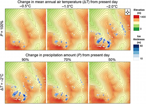 Figure 4. Simulation of small glaciers and simulated ice thicknesses under a range of cooler and drier climates on Ben Nevis and surrounding mountains.