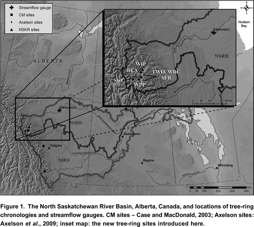 Figure 1. The North Saskatchewan River Basin, Alberta, Canada, and locations of tree-ring chronologies and streamflow gauges. CM sites Case and MacDonald, Citation2003; Axelson sites: Axelson et al., Citation2009; inset map: the new tree-ring sites introduced here.