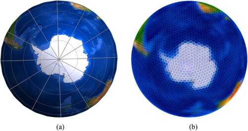 Figure 11. Diagram of the Antarctic region. (a) The Antarctic region under a latitude and longitude grid. (b) The Antarctic region under a hexagonal grid.