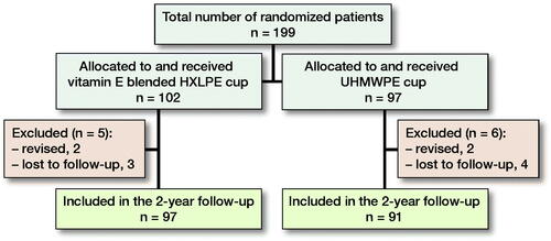 Figure 1. Summary of follow-up. 1 patient had died due to unrelated diseases, 4 patients were untraceable, and 2 patients left the study because of severe comorbidity. Furthermore, radiographical data were unavailable for 3 patients in the conventional HXLPE group and 5 in the vitamin E blended HXLPE group.