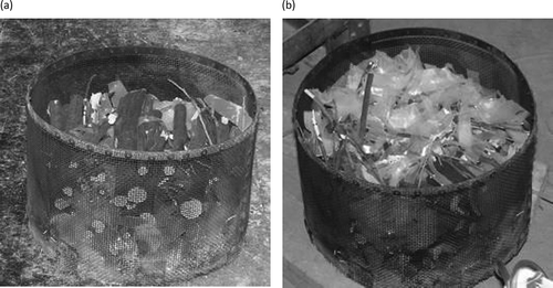Figure 1. Examples of fuel beds of manzanita (Arctostaphylos sp.) wood and low-density polyethylene plastic: (a) 0.25 wt% PE and (b) 2.50 wt% PE.