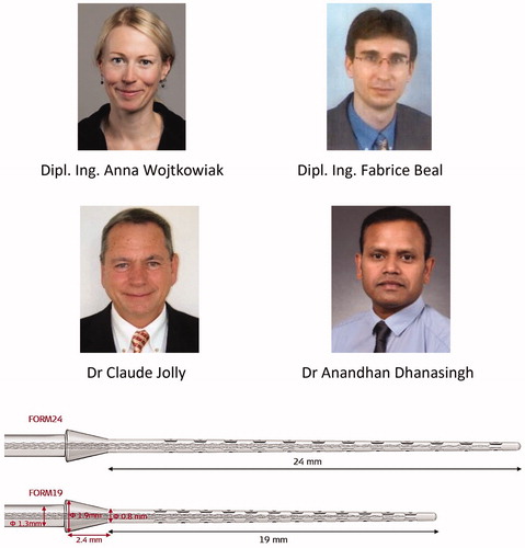 Figure 19. Engineers from MED-EL who were involved in the development of FORM electrode series; FORM electrodes seen in two different array lengths (FORM24, FORM19). Image courtesy of MED-EL.