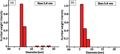 Figure 3. Dynamic light scattering distribution of (a) GNP/Citrate and (b) GNP/PEI.