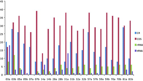 Figure 1. Distribution of variations in the 22 mitochondrial genomes sequenced. Traces show 13 PCGs combined, rRNA (12S rRNA and 16S rRNA combined), tRNA (all 22 tRNAs combined) and CR (all genes combined). X-axis is patient ID and Y-axis is number of base variations.