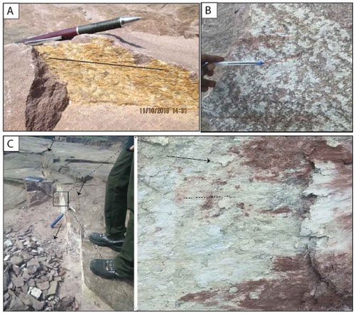 Figure 5. Strike-slip fault surfaces and kinematic indicators. (A) Slickensides highlighted by accretion steps of calcite, or (B) crystal fiber stretching. (C) A left-step sinistral strike-slip with palygorskite and overprint slickensides in its surface show details in (D).