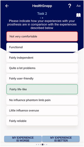 Figure 5. The second task of the developed mobile measurement tool is to assess the preferred usage features of upper limb prostheses (PUF-ULP). Participants were asked to compare their own experiences with their upper limb prosthesis as rated in task 1 with the shown experiences. In the shown experiences, one item will get better compared to the participant's experiences (green accent) and one will get worse (red accent). When clicking on the “book” sign in the upper right corner, the answers given in task 1 will appear.