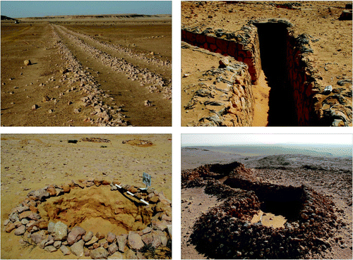 Figure 6. Examples of military remains along the Southernmost sector of the battlefield: (a) the Rommel Track (also known as Red Track), built by the British Army before the war; (b) the entrance to underground fortified chambers at Kaponga Box, which is a British fortress at Qaret El Abd; (c) an Italian foxhole at Point 105 (Quota 105); (d) an Italian observation post along the Southern front to El Qattara Depression.