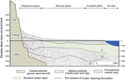 Fig. 3 Hydrogeological profile across the NCP. Adapted from Foster et al. (Citation2003) with permission. The location of the cross-section is shown in Fig. 1.