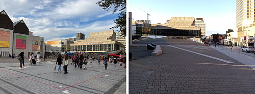 Figure 2. Place des Arts, one of the main public spaces of QDS, during a typical festival season (on the left) and during the 2020 lockdown (on the right). Photo credits: Nicola Di Croce (left), Catherine Guastavino (right).
