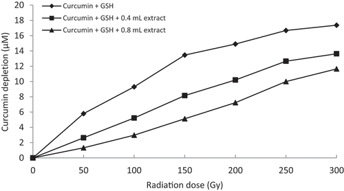 Figure 6. Graphical representation of curcumin protection by 60% methanol extract of Z. zerumbet (2x dilution, i.e. 0.4 mL = 4 mg/mL and 0.8 mL = 8 mg/mL concentration) against thiyl free radical attack.