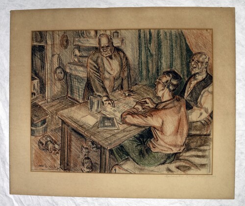 Figure 3. James Wigley, Kaolan’s Hut Murray Bridge, 1940. Coloured pencil drawing, 49 × 21 cm. The drawing shows, left to right, Mark Wilson, R. M. Berndt and Albert Karloan inside Karloan's cottage at Murray Bridge. Photographed by Michael Bonner, courtesy of the Berndt Museum. Berndt Museum collection, The University of Western Australia, Perth.