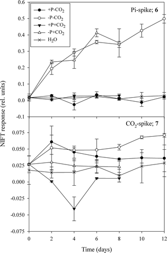 Figs 6, 7. Extent of NIFT response to a Pi-spike (Fig. 6) and CO2-spike (Fig. 7) of C. acidophila grown in batch cultures over time. Mean ± SD of duplicates. In addition the response to acidified water is shown in both graphs.