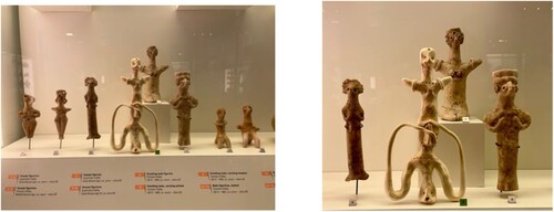 Figure 9. Left panel: Showcase featuring over 3,000 years of evolving figurines (© Nadine Panayot, AUB Archaeological Museum). Right panel: Carmen Chahal (genderless fertility figure): ‘What if the caregiver–child relationship went beyond traditional gender roles?’ (© Nadine Panayot, AUB Archaeological Museum).