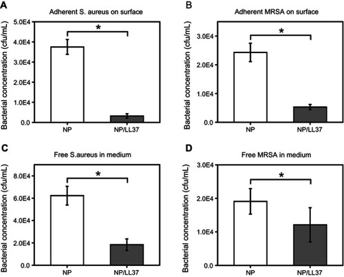 Figure 5 (A) Bacterial concentrations of Staphylococcus aureus (S. aureus, A and C) and Methicillin-resistant Staphylococcus aureus (MRSA, B and D) on different substrates (A and B) or in medium (C and D) at 24 h. Error bars represent mean ± SD for n = 6, *p < 0.05.