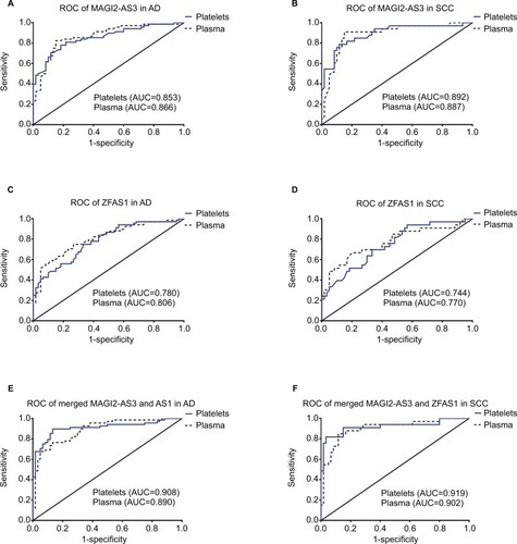 Figure 2 Diagnostic value of MAGI2-AS3 and ZFAS1 in adenocarcinoma and SCC.Notes: (A) The ROC curve analysis for the diagnostic value of MAGI2-AS3 in platelets from adenocarcinoma (AUC=0.853, 95% CI=0.789–0.918, p<0.0001) and (AUC=0.866, 95% CI=0.802–0.929, p<0.0001) in plasma. (B) The ROC curve analysis for the diagnostic value of MAGI2-AS3 in platelets from SCC (AUC=0.892, 95% CI=0.819–0.965, p<0.0001) and (AUC=0.887, 95% CI=0.813–0.961, p<0.0001) in plasma. (C) The ROC curve analysis for the diagnostic value of ZFAS1 in platelets from adenocarcinoma (AUC=0.780, 95% CI=0.701–0.858, p<0.0001) and (AUC=0.806, 95% CI=0.731–0.881, p<0.0001) in plasma. (D) The ROC curve analysis for the diagnostic value of ZFAS1 in platelets from SCC (AUC=0.744, 95% CI=0.641–0.848, p<0.0001) and (AUC=0.770, 95% CI=0.663–0.878, p<0.0001) in plasma. (E) The ROC curve analysis for the diagnostic value of merged MAGI2-AS3 and ZFAS1 in platelets from adenocarcinoma (AUC=0.908, 95% CI=0.853–0.963, p<0.0001) and (AUC=0.890, 95% CI=0.834–0.946, p<0.0001) in plasma. (F) The ROC curve analysis for the diagnostic value of merged MAGI2-AS3 and ZFAS1 in platelets from SCC (AUC=0.919, 95% CI=0.848–0.990, p<0.0001) and (AUC=0.902, 95% CI=0.833–0.972, p<0.0001) in plasma.Abbreviations: AD, adenocarcinoma; AUC, area under the ROC curve; MAGI2-AS3, MAGI2 antisense RNA 3; ROC, receiver operating characteristic; SCC, squamous cell carcinoma; ZFAS1, ZNFX1 antisense RNA 1.