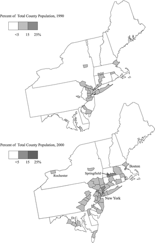 Figure 5 Hispanics in the Northeast, 1990 and 2000.