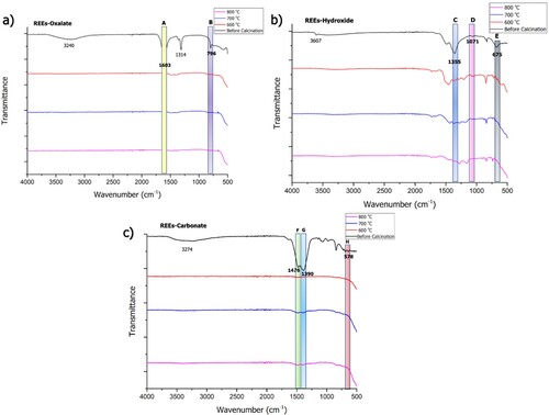 Figure 11. FTIR spectrum of REEs powders before and after calcination at 600, 700 and 800°C; (a) REEs-oxalate, (b) REEs-hydroxide, and (c) REEs-carbonate.