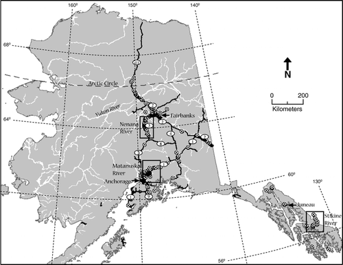 FIGURE 1 Distribution of M. alba in Alaska. GPS locations for M. alba populations found in surveys made during 2003–2005 are shown.