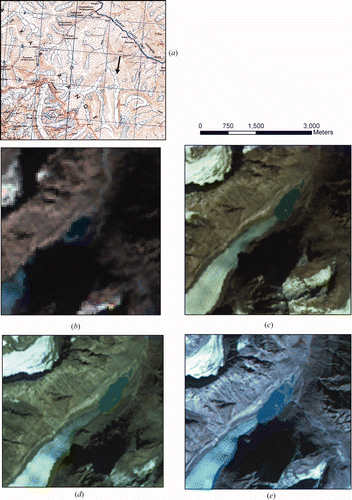 Figure 2. Maps showing the glacial lake at different time periods. (a) 1953 topomap of the glacier. Satellite data showing the growth of the glacial lake in (b) 1975, (c) 1989, (d) 2000 and (e) 2005.