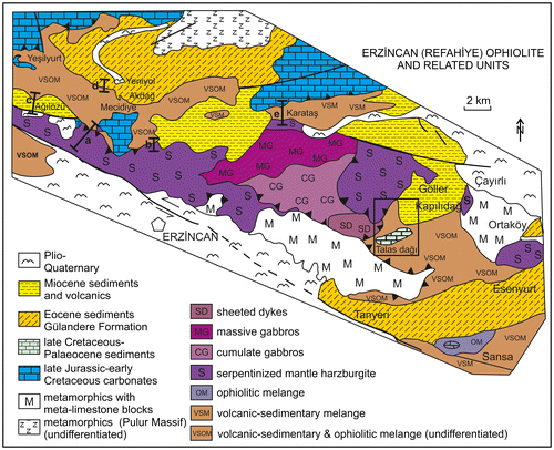 Figure 7. Outline tectonic map of the Erzincan area (Erzincan and Gümüşhane regions). An ophiolite, complete other than for extrusive rocks, is thrust over volcanic-sedimentary and ophiolitic melange. Both units are unconformably covered by Eocene sediments and, in some areas, by Miocene and Plio–Quaternary sediments. Outcrops of greenschist facies metamelange occur in the south and northeast. The southern part of the area is cut by the North Anatolian Transform Fault, which is this area is associated with formation of the neotectonic Erzincan pull-apart basin (see Figure 3 for location; compiled from Aktimur et al., Citation1995; Parlak, Çolakoğlu, et al., Citation2013; Tarhan, Citationl988, Citation2007a, Citation2007b and this study).