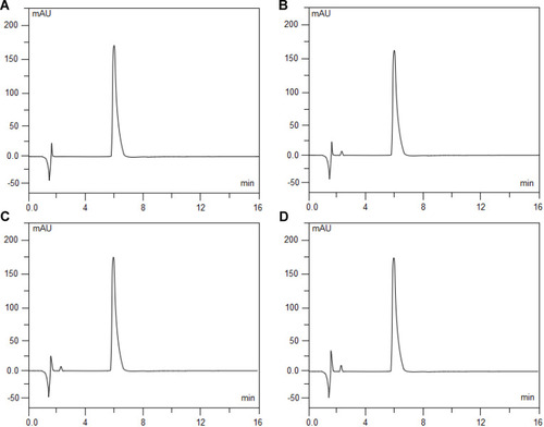 Figure 2 Chromatograms of 20μg/mL fentanyl citrate that was freshly prepared (A), exposed to 0.1 mol/L hydrochloric acid (HCl) at 60°C for 5 hours (B), exposed to 0.1 mol/L sodium hydroxide (NaOH) at 60°Cfor 5 hours (C), and exposed to 3% hydrogen peroxide (H2O2) at 60°C for 5 hours (D). Fentanyl citrate elutes at 6.21 min.