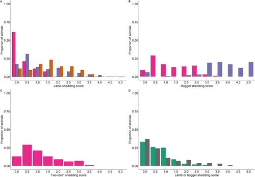 Figure 2. Proportion of animals with each shedding score as (a). Lambs scored in January/February (approximately 15 months) at Riverside farm (b). Hoggets scored in February/March (approximately 19 months) at Riverside farm (c). Two-tooths scored in November (approximately 27 months) at Riverside Farm (Pink columns – 1/2, Purple columns – 3/4, Orange columns – 7/8) (d). Lambs (approximately 5 months) (Green columns) and Hoggets (approximately 15 months) (Grey columns) scored in February and December at Limestone Downs.