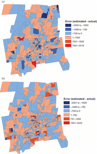 Figure 4. Spatial distribution of error by block group for the 50 GWR2 BLKG model (a) before scaling, (b) after scaling.